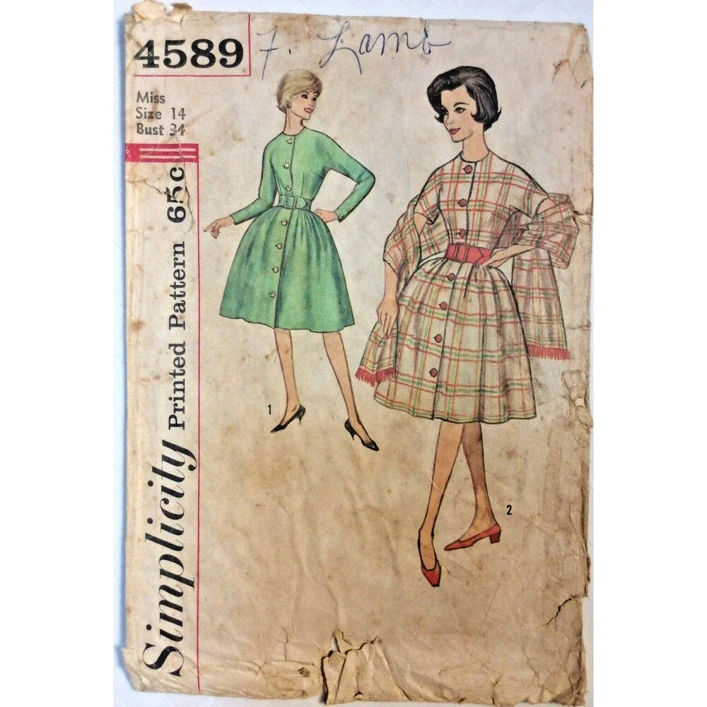 VTG 1962 Simplicity Sewing Pattern Misses One-Piece Dress & Stole Size 14 #4589
